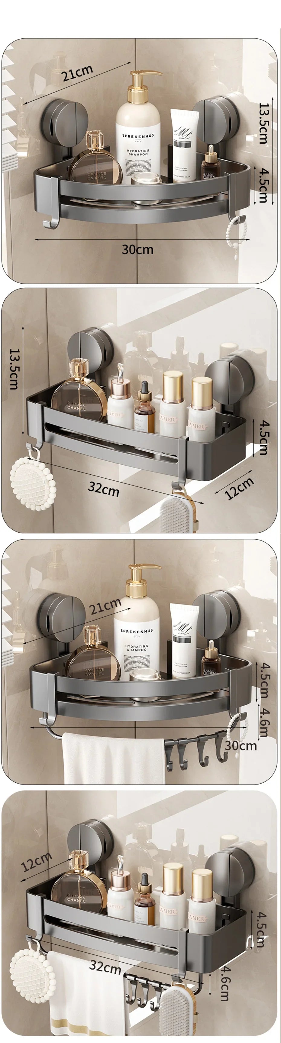 Bathroom Wall Shelf No-Drill Suction Cup & Rustproof Aluminum