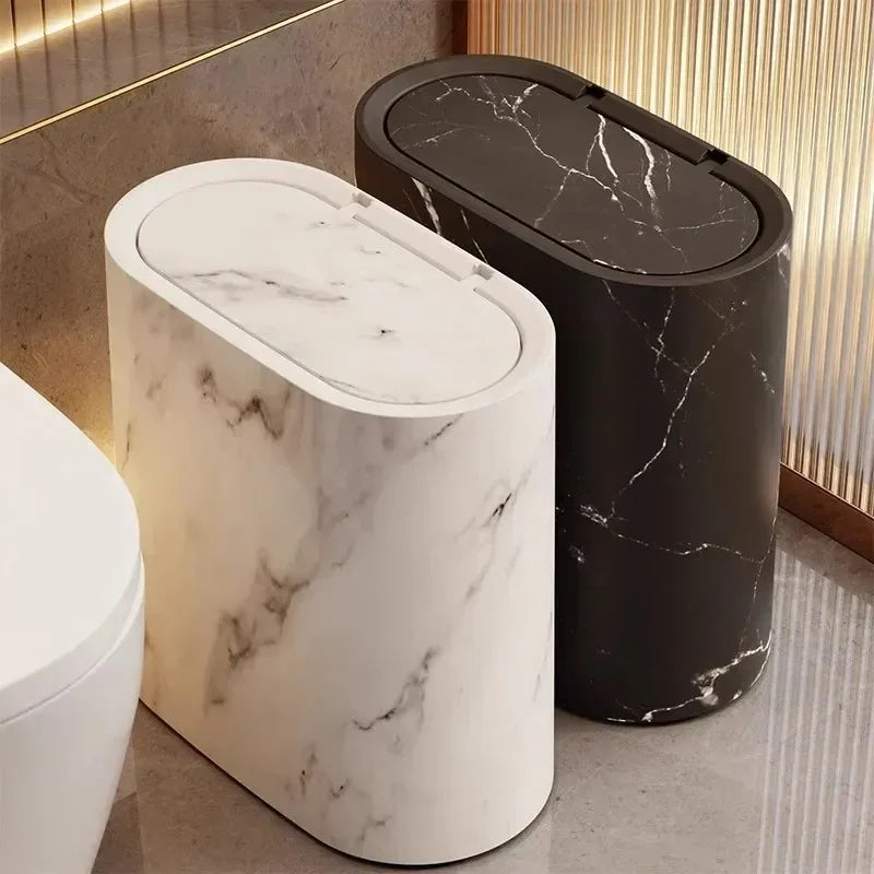 Bathroom Wastebasket Slim Elliptical Marble Finish Push-Top Lid