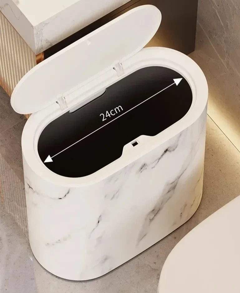 Bathroom Wastebasket Slim Elliptical Marble Finish Push-Top Lid