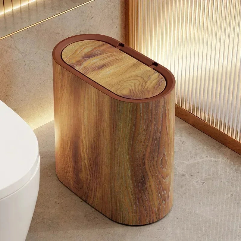 Bathroom Wastebasket Slim Elliptical Marble Finish Push-Top Lid