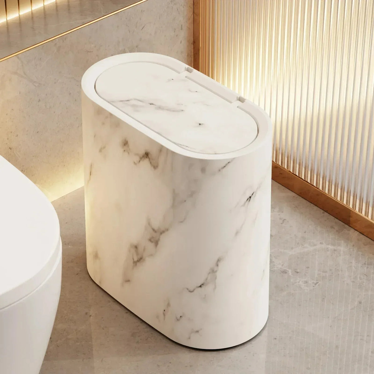 Bathroom Wastebasket Slim Elliptical Marble Finish Push-Top Lid