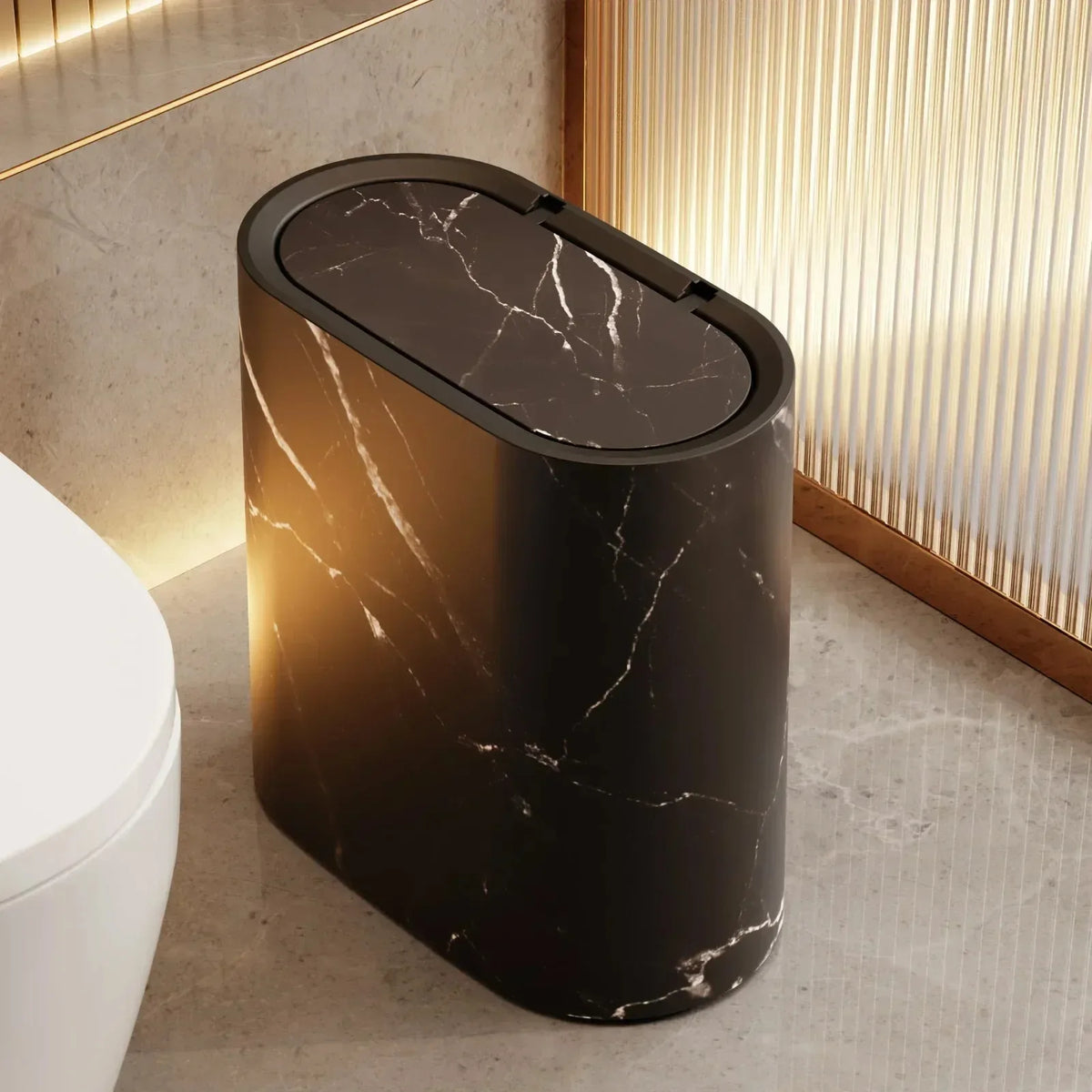 Bathroom Wastebasket Slim Elliptical Marble Finish Push-Top Lid