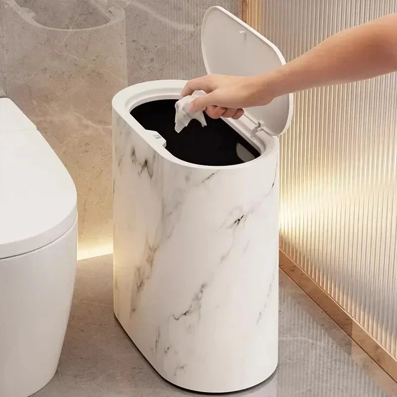 Bathroom Wastebasket Slim Elliptical Marble Finish Push-Top Lid