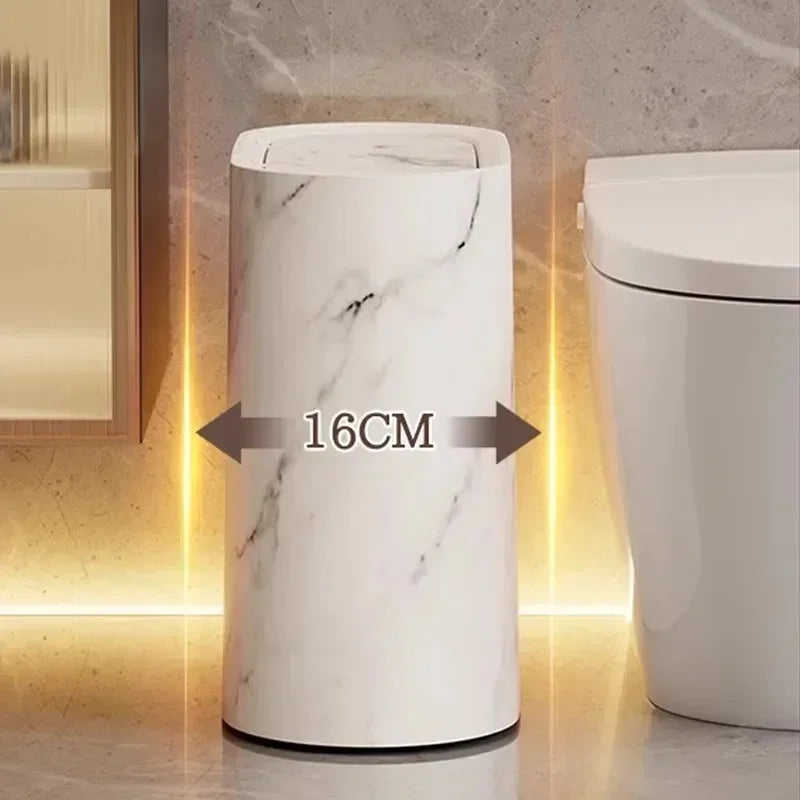 Bathroom Wastebasket Slim Elliptical Marble Finish Push-Top Lid