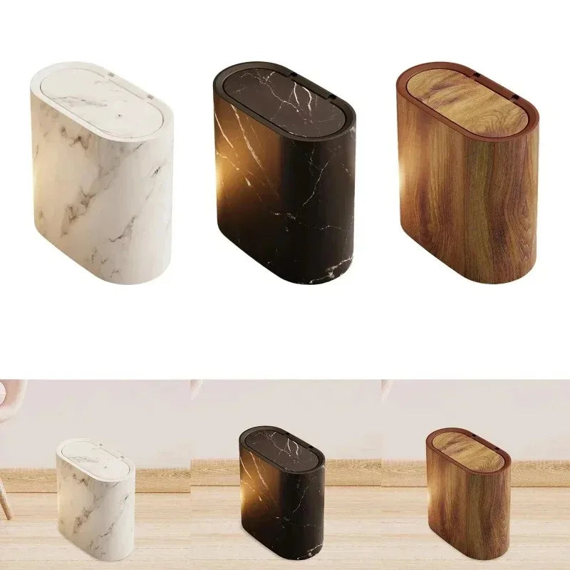 Bathroom Wastebasket Slim Elliptical Marble Finish Push-Top Lid