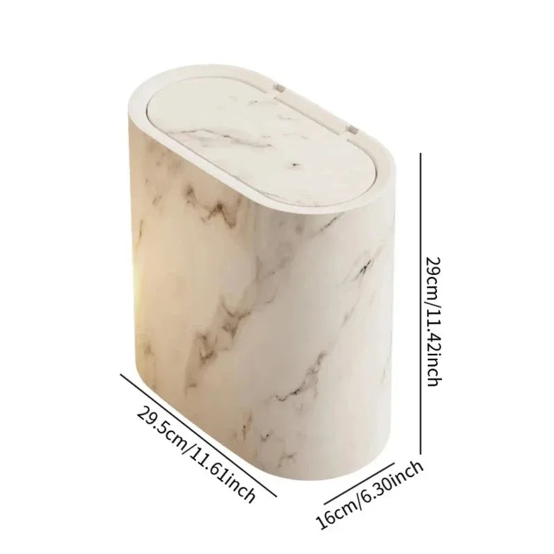 Bathroom Wastebasket Slim Elliptical Marble Finish Push-Top Lid