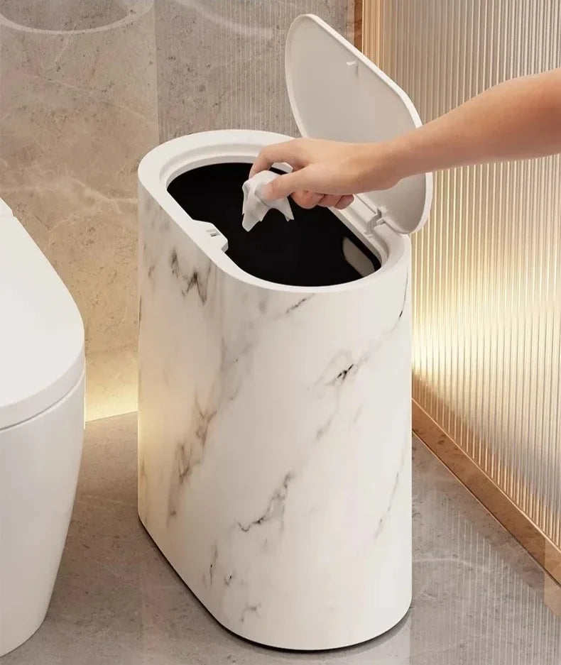 Bathroom Wastebasket Slim Elliptical Marble Finish Push-Top Lid