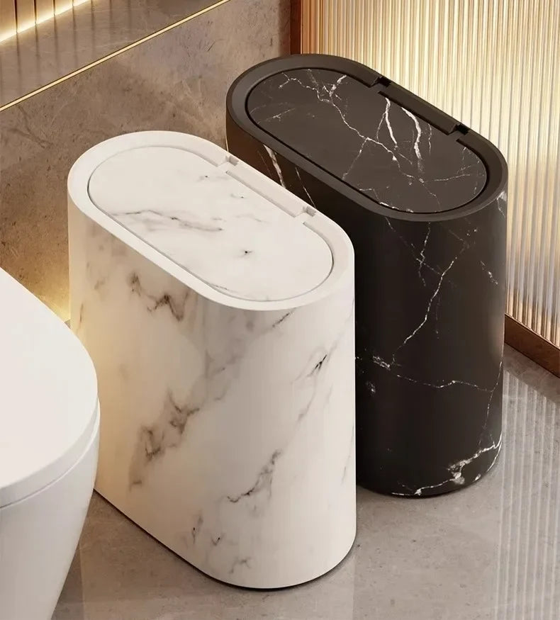 Bathroom Wastebasket Slim Elliptical Marble Finish Push-Top Lid