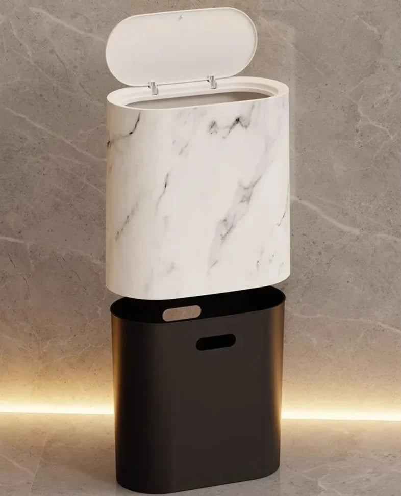 Bathroom Wastebasket Slim Elliptical Marble Finish Push-Top Lid