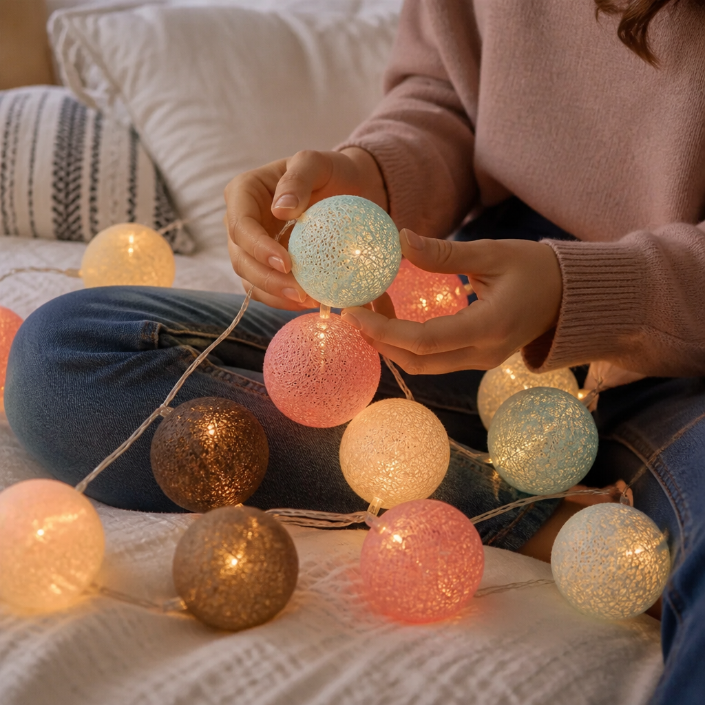 Battery-Operated Cotton Ball String Lights (20 Led Spheres)
