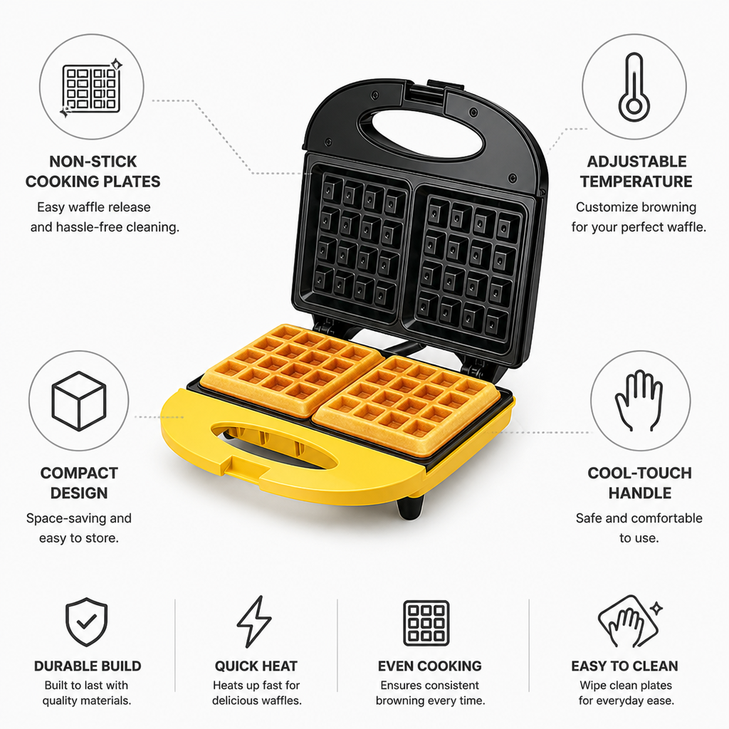 Belgian Waffle Maker Non-Stick Plates Adjustable Temperature & Quick Heat