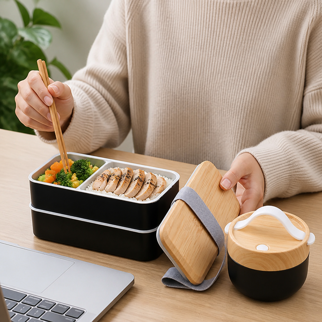 Bento Box Bamboo Multi-Compartment Dishwasher-Safe & Secure Strap
