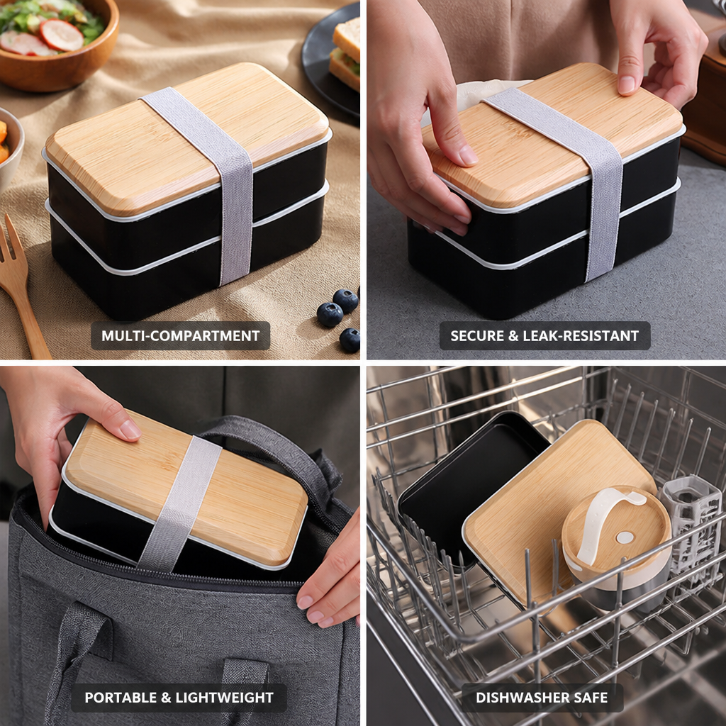 Bento Box Bamboo Multi-Compartment Dishwasher-Safe & Secure Strap