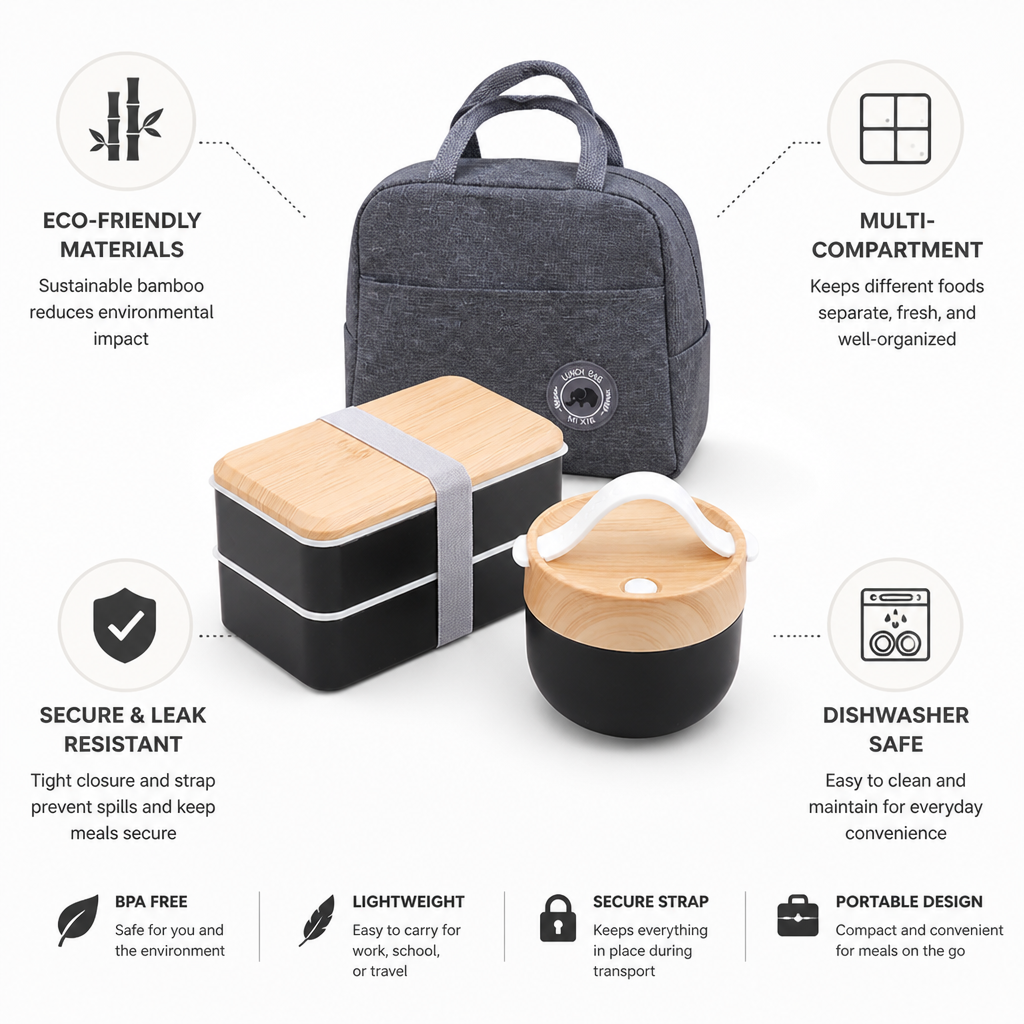 Bento Box Bamboo Multi-Compartment Dishwasher-Safe & Secure Strap