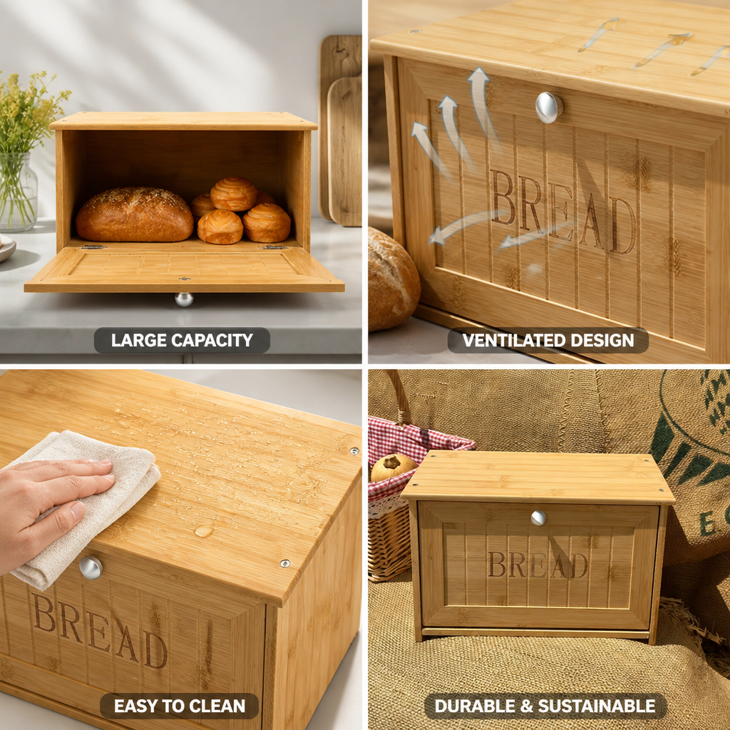 Bread Storage Box Bamboo Ventilated Large Capacity