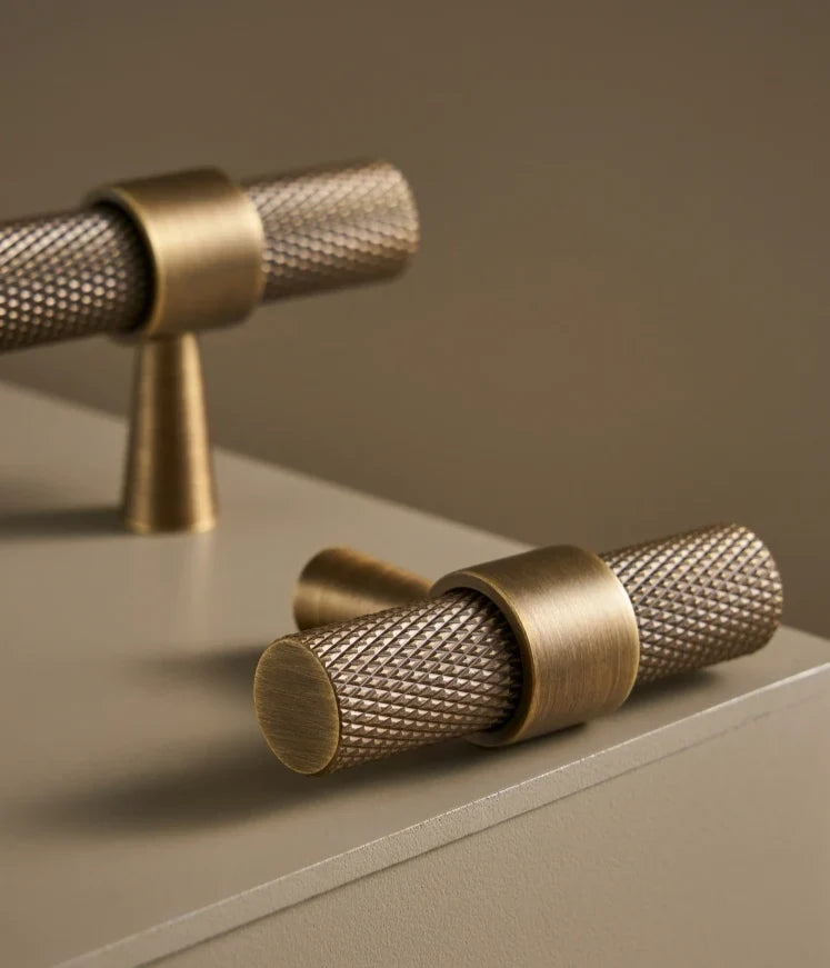 Cabinet T-Bar Handle Solid Brass Knurled Grip 224mm CC