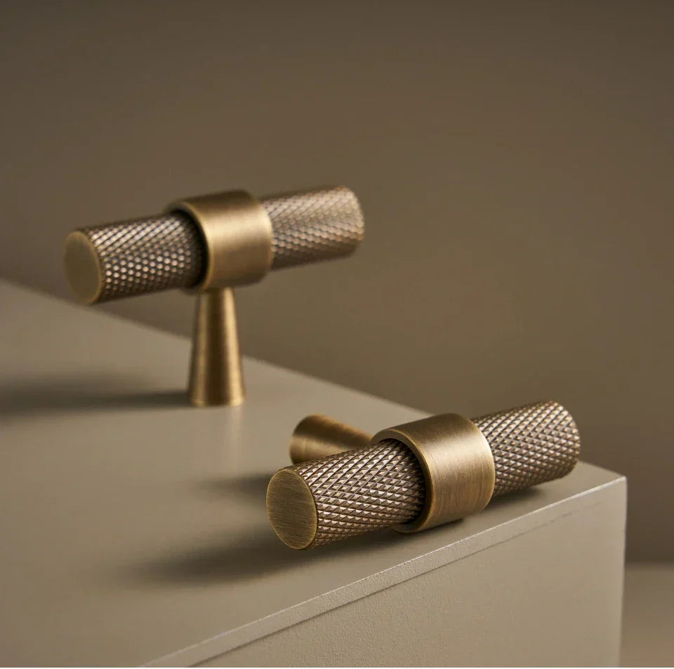 Cabinet T-Bar Handle Solid Brass Knurled Grip 224mm CC