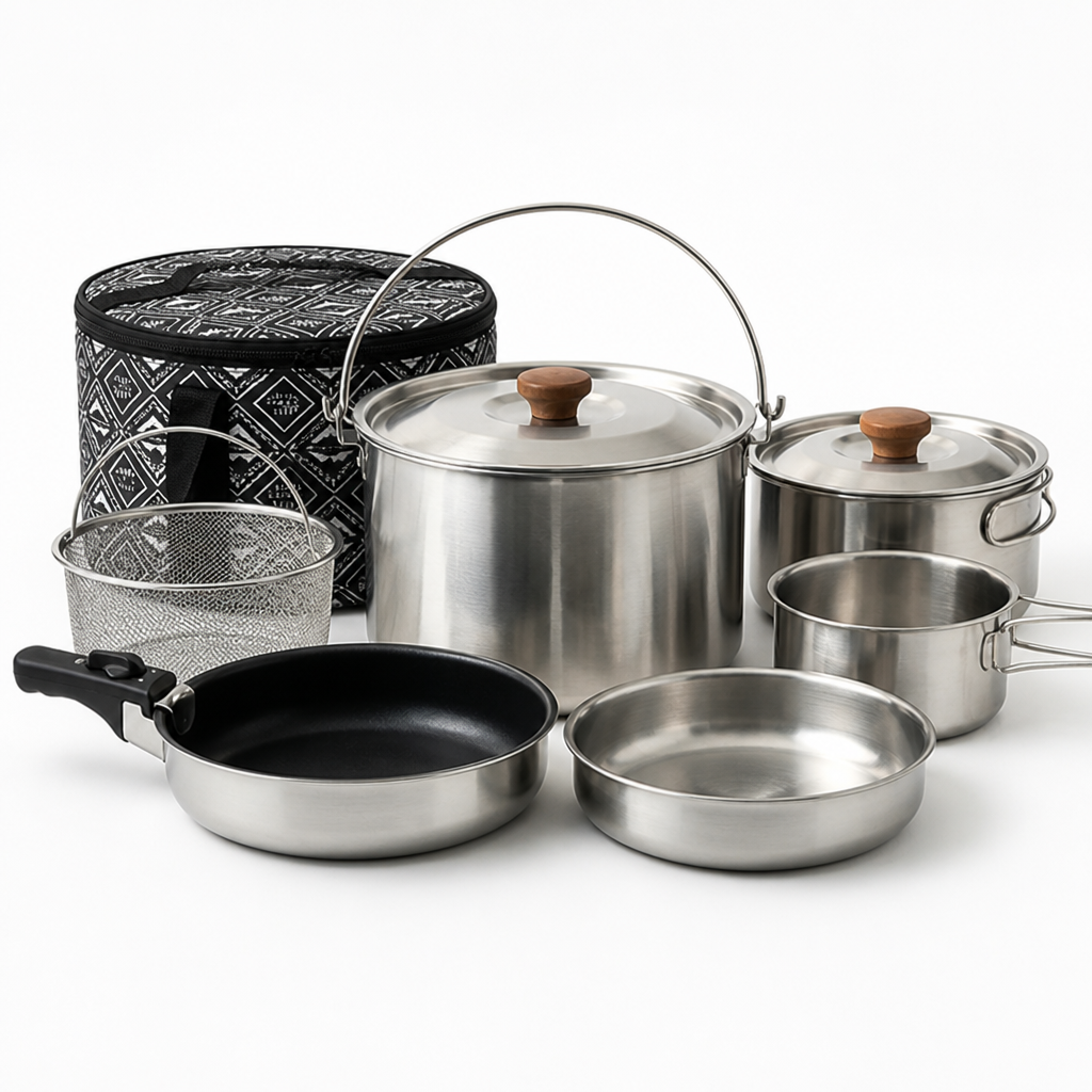 Camping Cookware Set Nesting Stainless Steel Foldable Handles