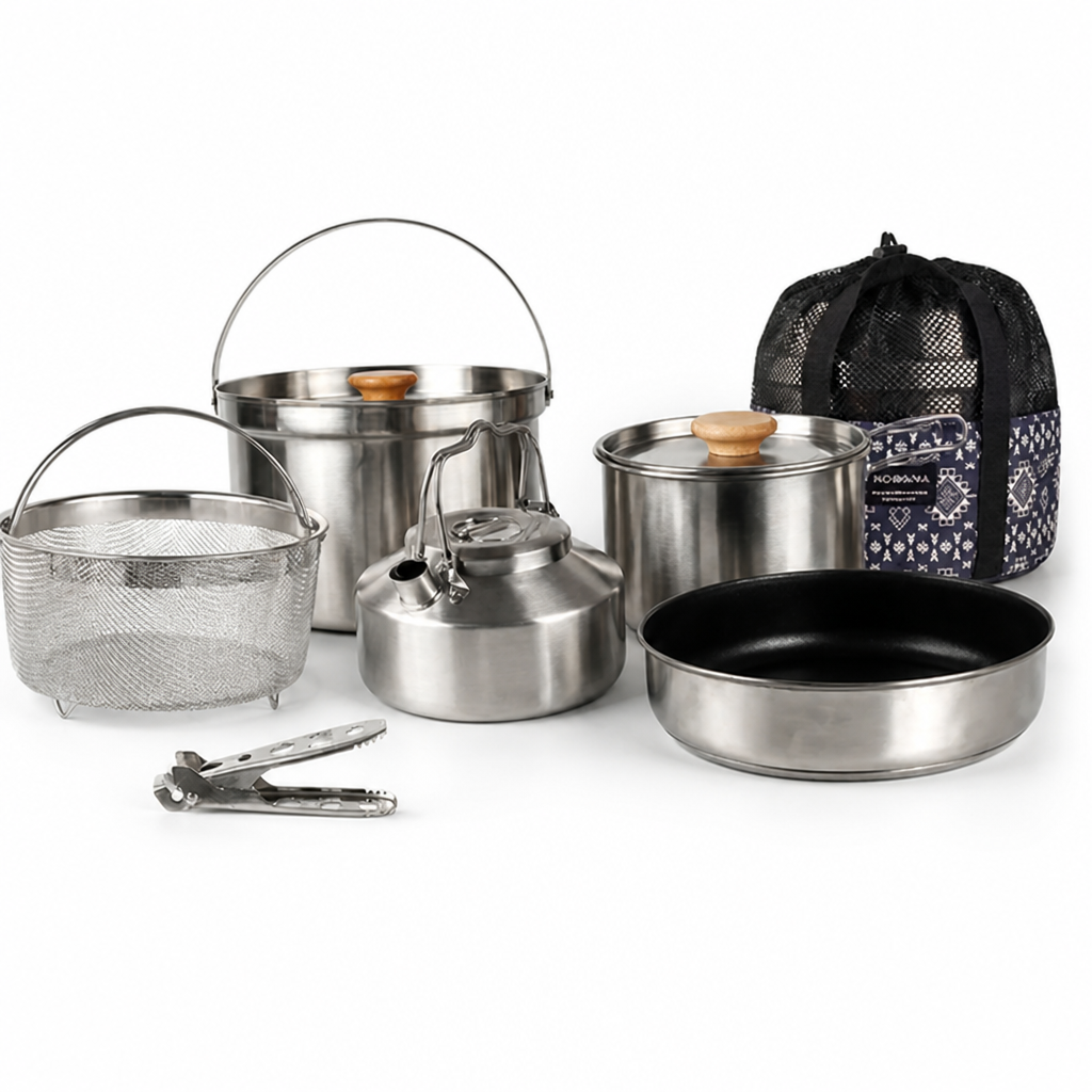 Camping Cookware Set Nesting Stainless Steel Foldable Handles