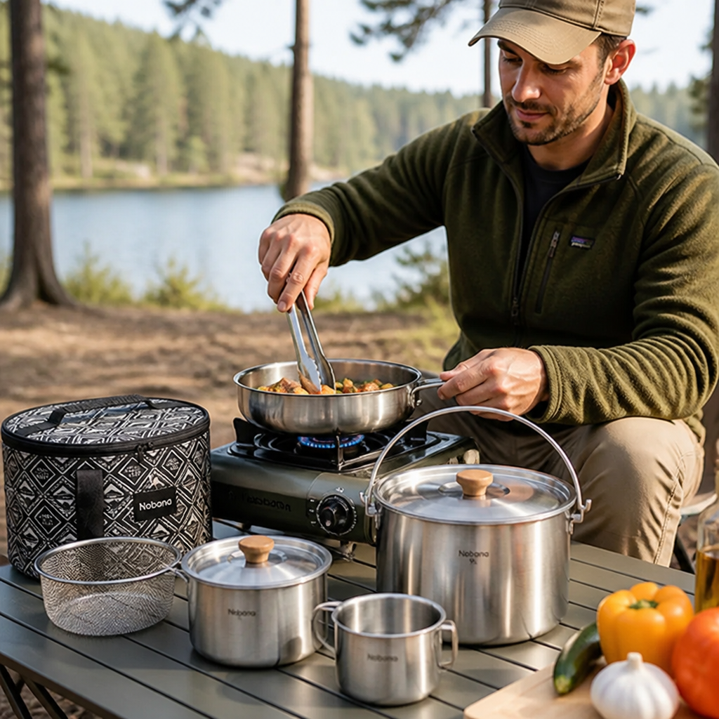 Camping Cookware Set Nesting Stainless Steel Foldable Handles