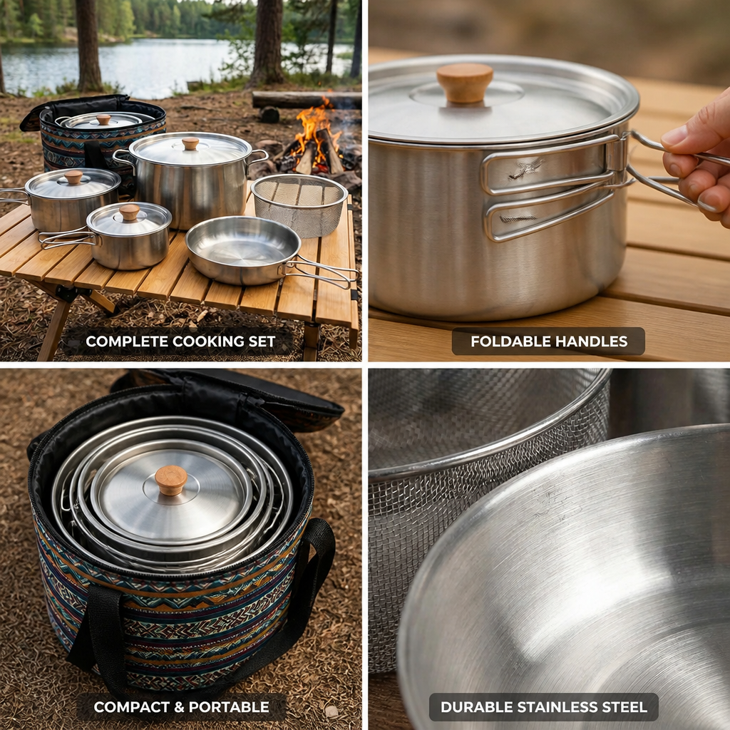 Camping Cookware Set Nesting Stainless Steel Foldable Handles