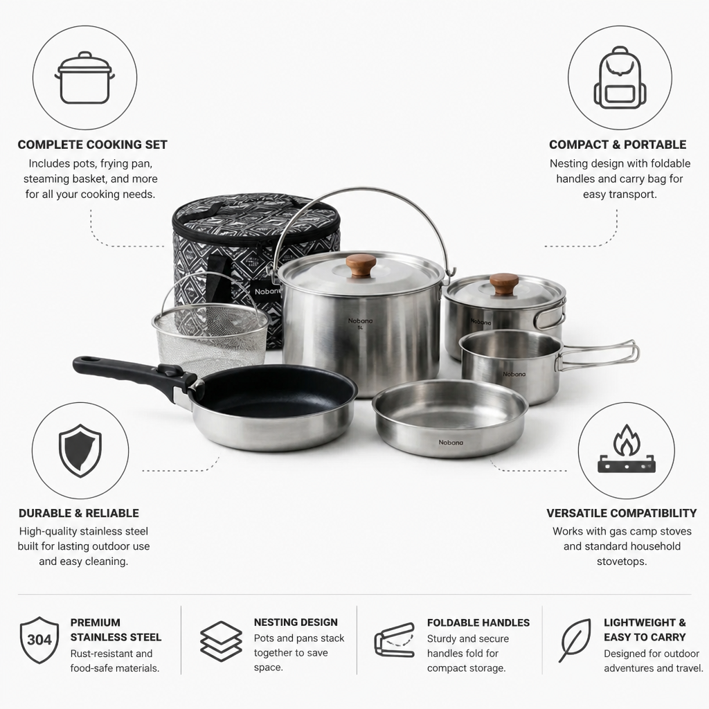 Camping Cookware Set Nesting Stainless Steel Foldable Handles