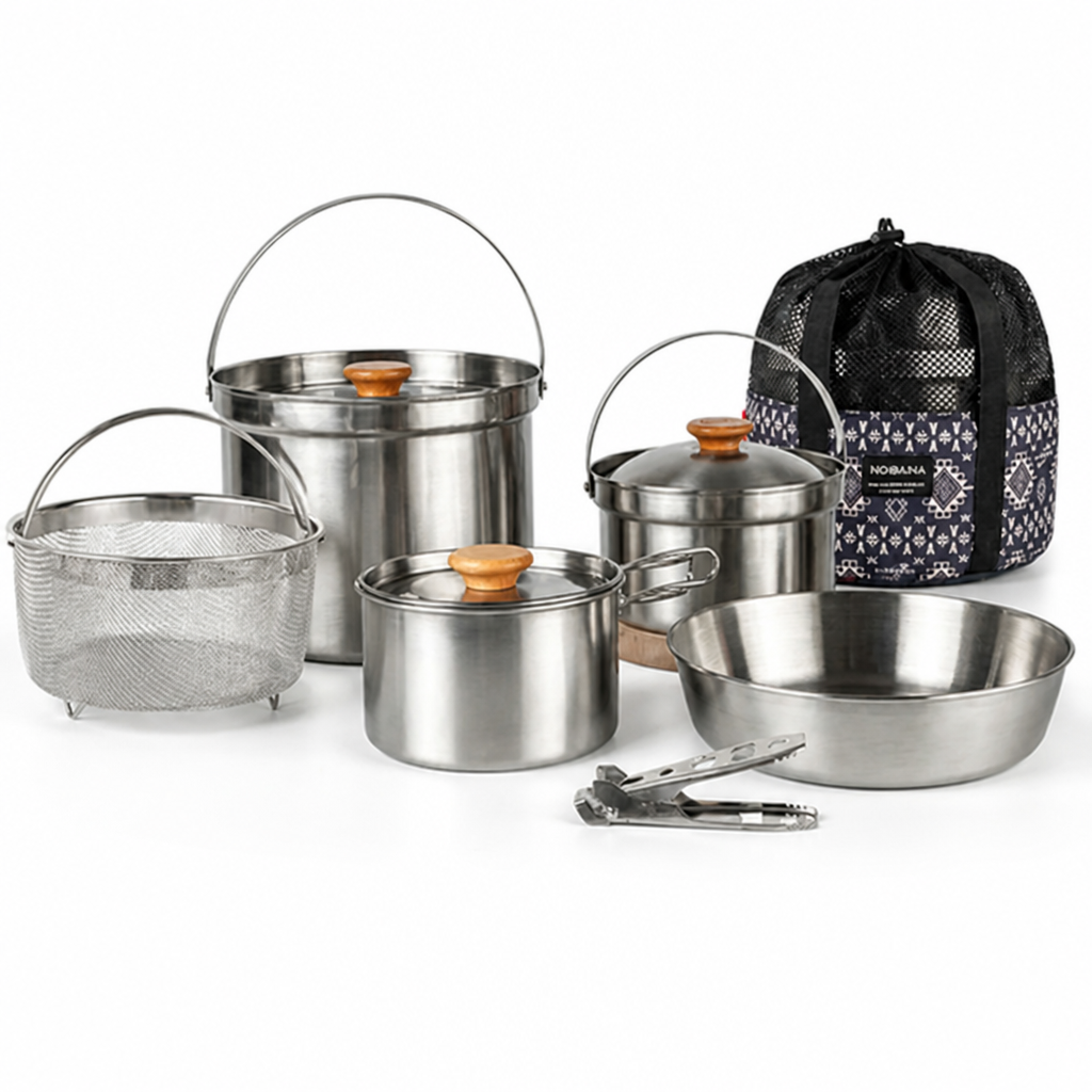 Camping Cookware Set Nesting Stainless Steel Foldable Handles