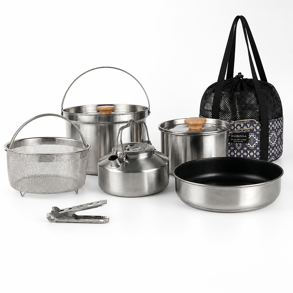 Camping Cookware Set Nesting Stainless Steel Foldable Handles