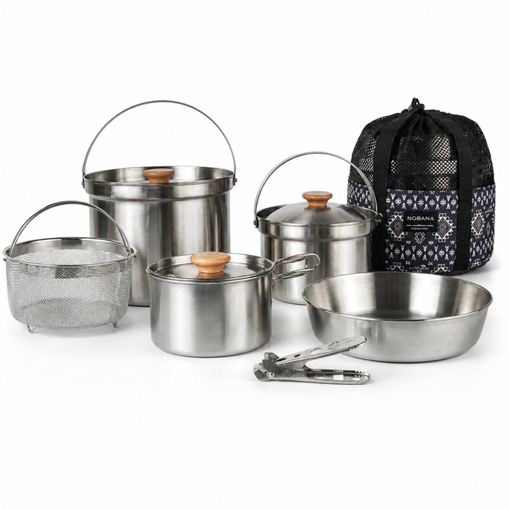 Camping Cookware Set Nesting Stainless Steel Foldable Handles