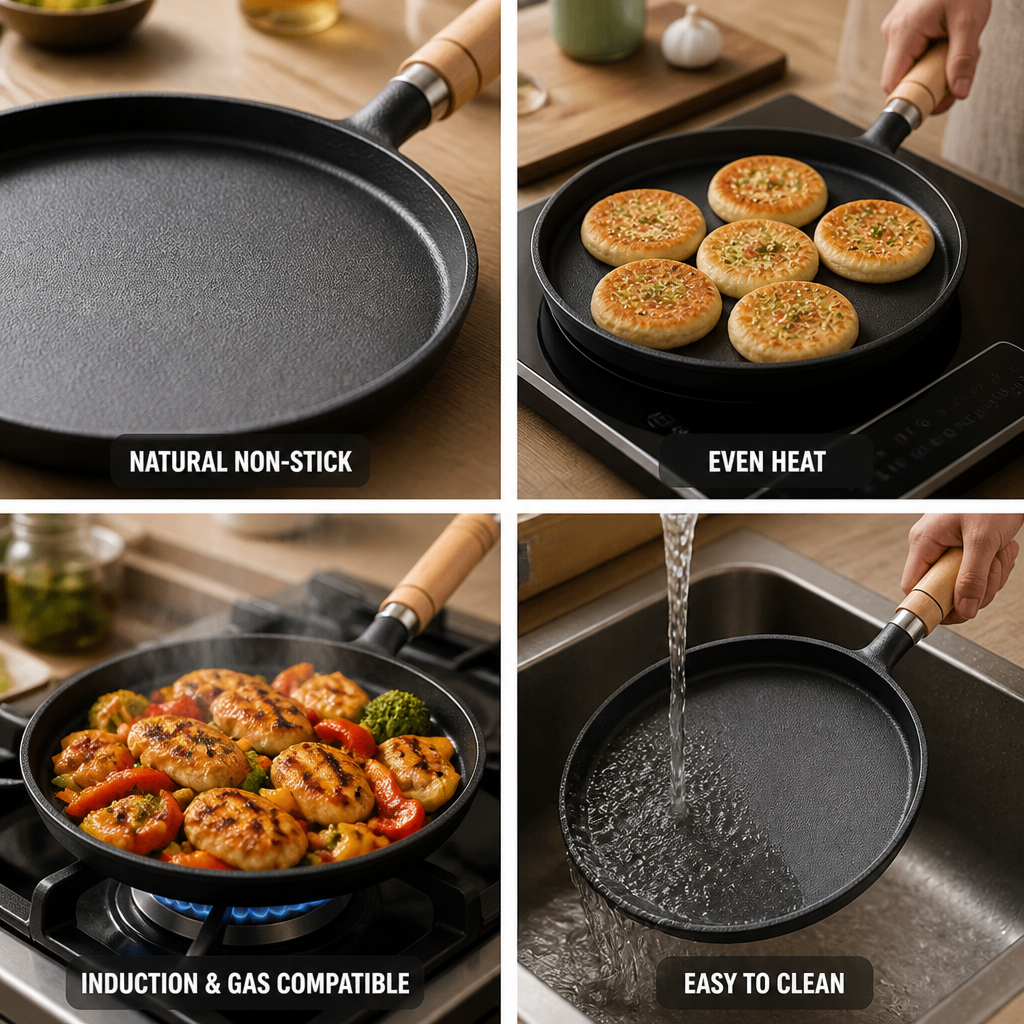 Cast Iron Griddle Pan Uncoated Non-Stick Induction Compatible