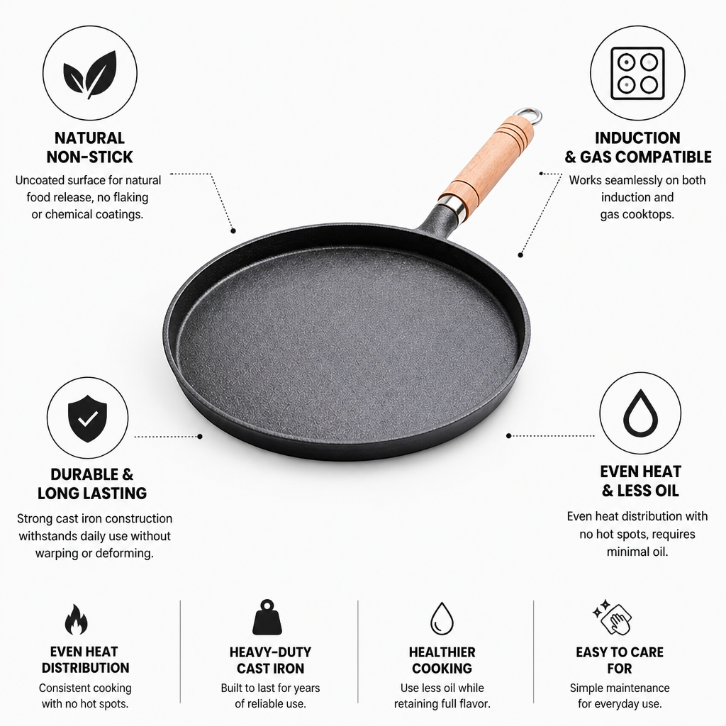 Cast Iron Griddle Pan Uncoated Non-Stick Induction Compatible