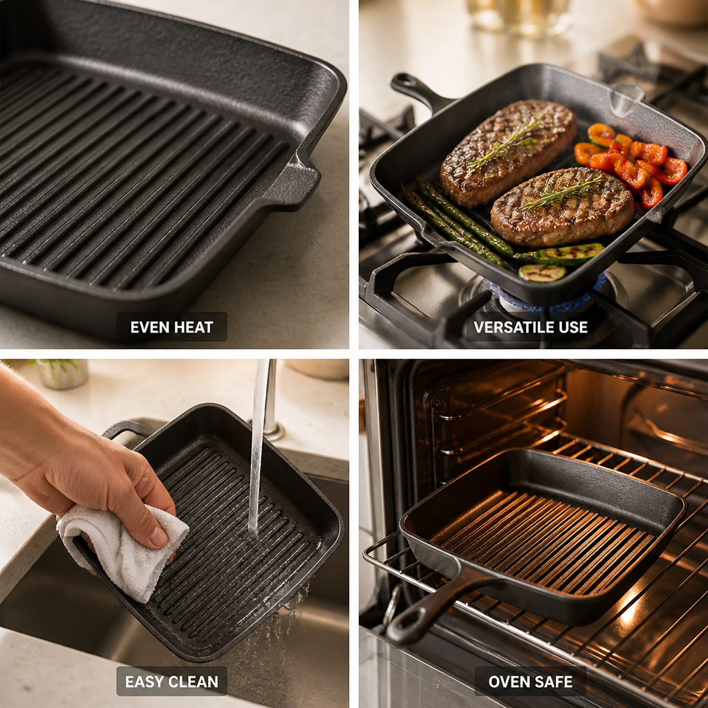 Cast Iron Grill Pan Pre-Seasoned Oven & Stovetop Safe