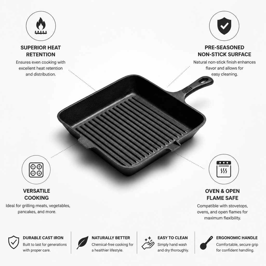 Cast Iron Grill Pan Pre-Seasoned Oven & Stovetop Safe