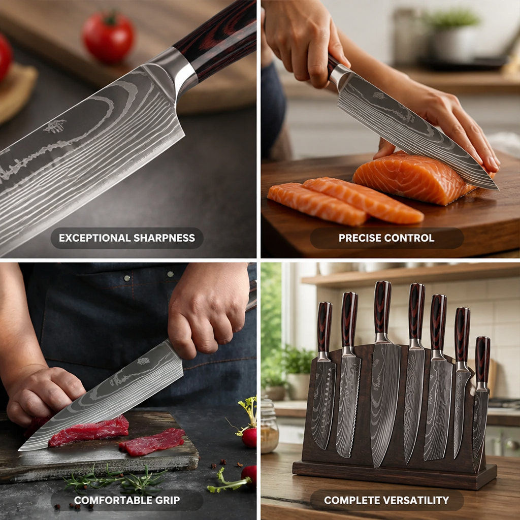 Chef Knife Set High-Carbon Steel Damascus Pattern 8-Piece