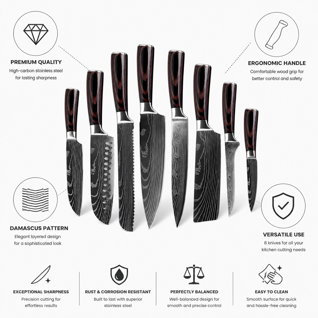 Chef Knife Set High-Carbon Steel Damascus Pattern 8-Piece