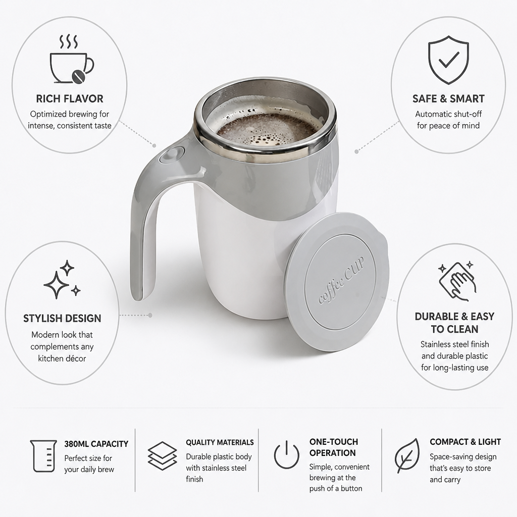 Coffee Maker Compact Stainless Steel Finish 380ml Auto Shut-Off