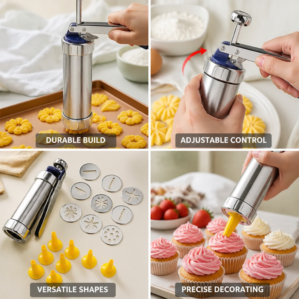 Cookie Press Adjustable Stainless Steel 20 Discs & Nozzles