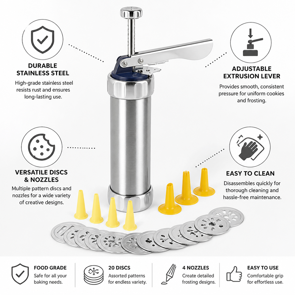 Cookie Press Adjustable Stainless Steel 20 Discs & Nozzles