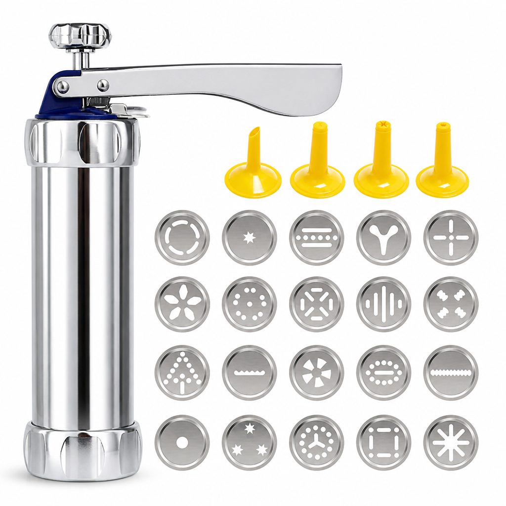 Cookie Press Adjustable Stainless Steel 20 Discs & Nozzles
