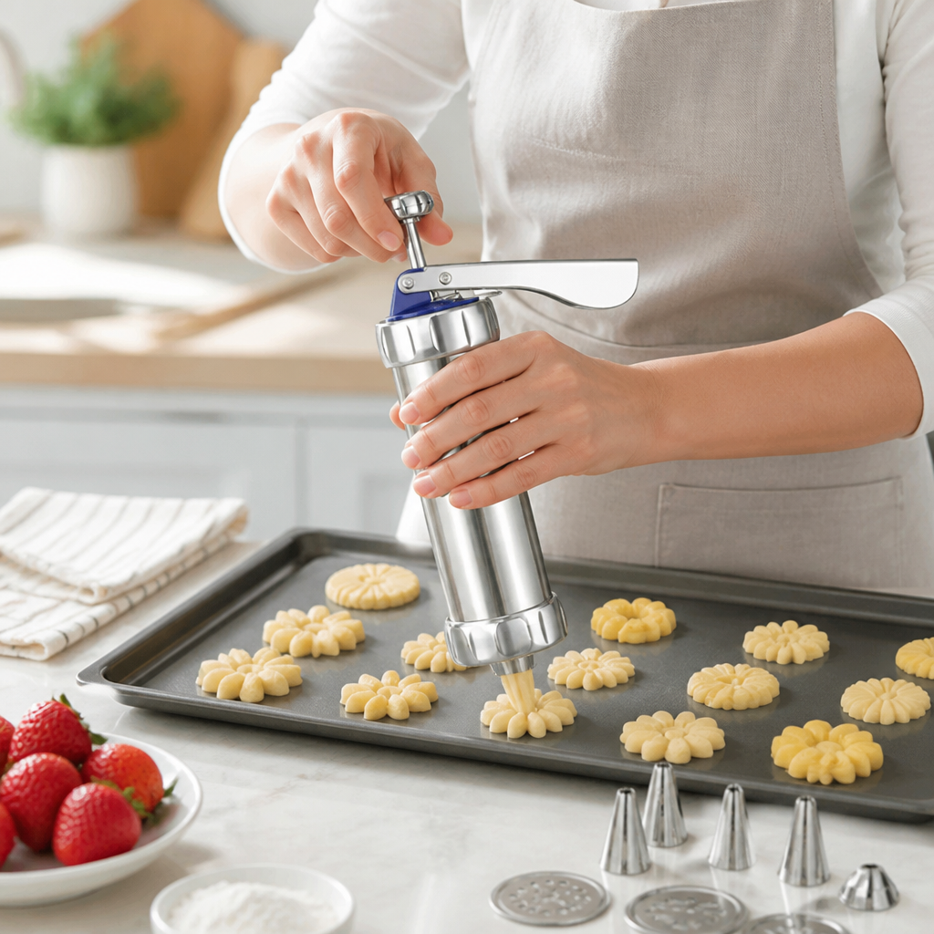 Cookie Press Stainless Steel Interchangeable Discs Ergonomic Lever