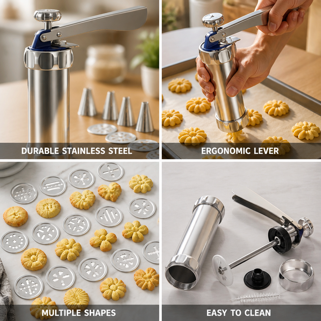 Cookie Press Stainless Steel Interchangeable Discs Ergonomic Lever