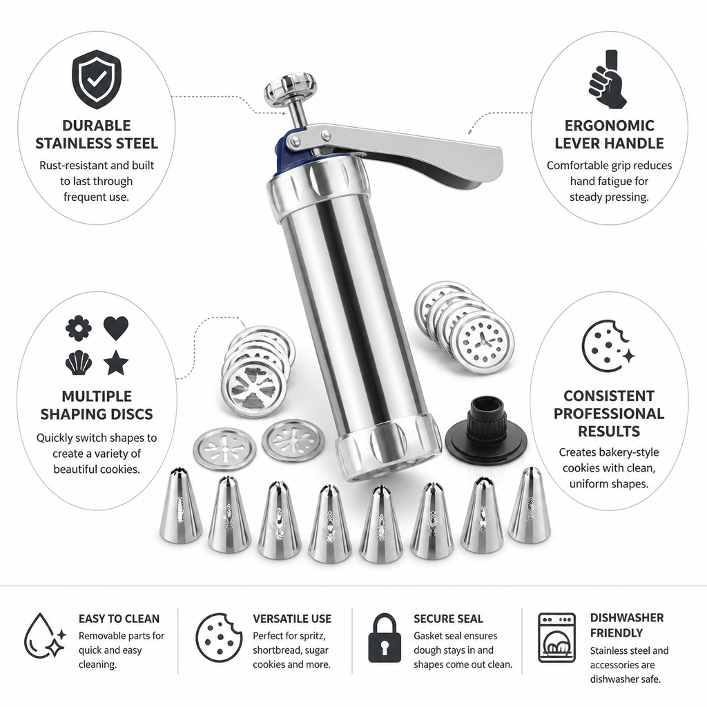Cookie Press Stainless Steel Interchangeable Discs Ergonomic Lever