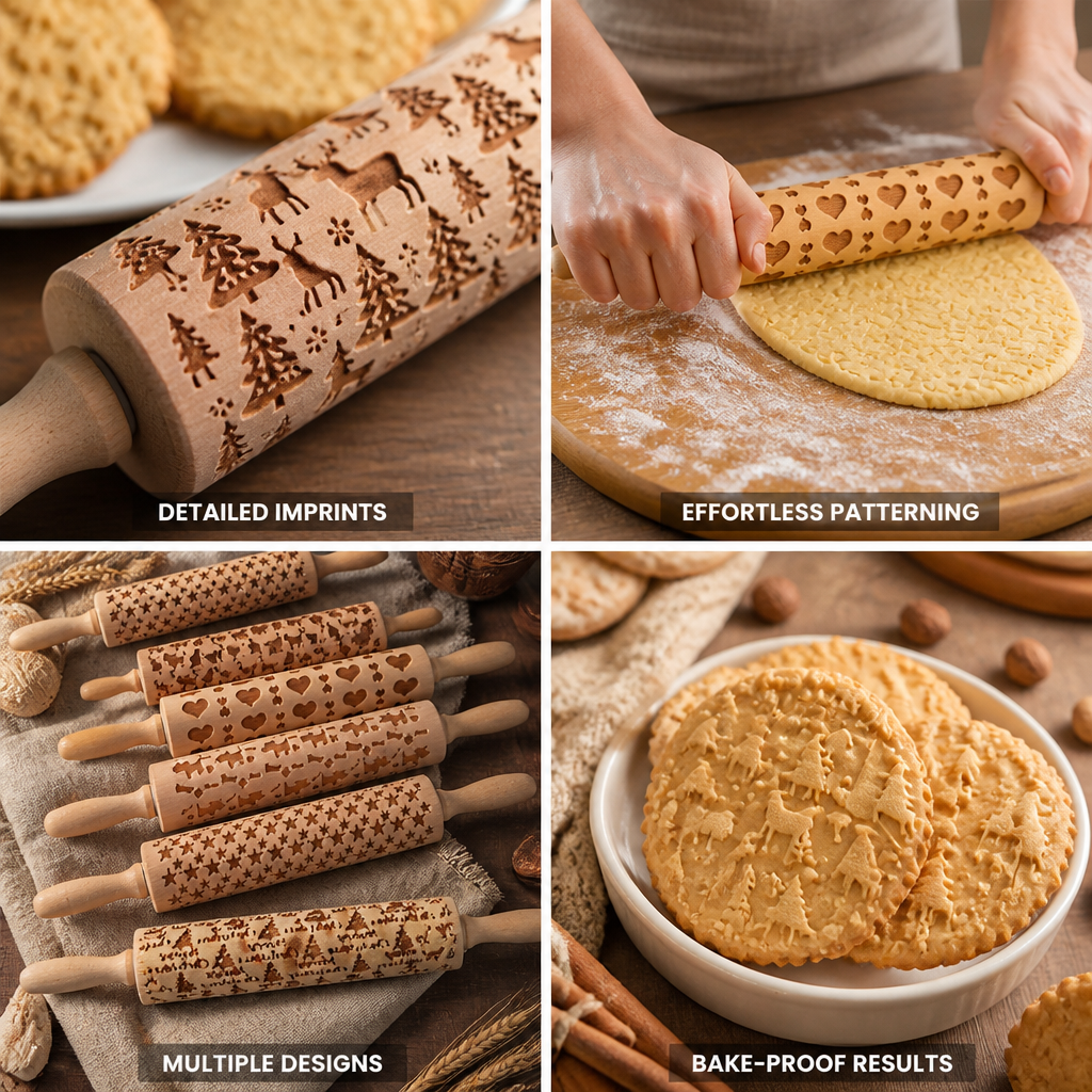 Cookie Rolling Pin Solid Wood Embossed Motifs 43 Cm