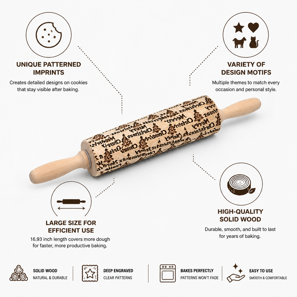 Cookie Rolling Pin Solid Wood Embossed Motifs 43 Cm