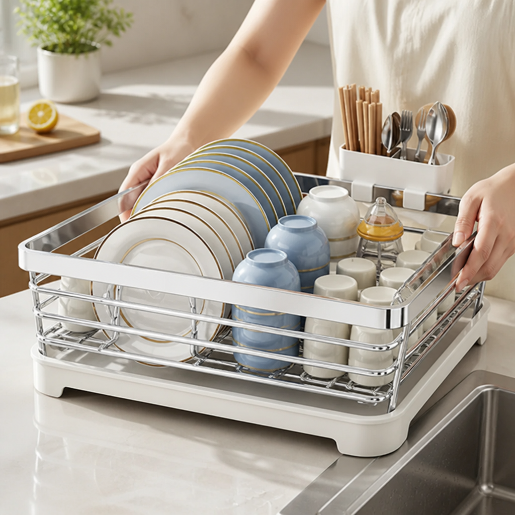 Countertop Dish Rack Space-Saving Open Mesh & Cutlery Holder