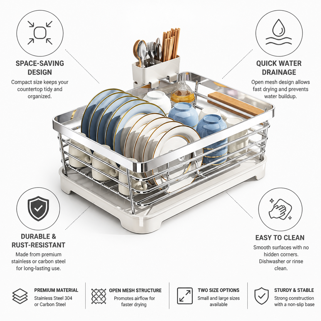 Countertop Dish Rack Space-Saving Open Mesh & Cutlery Holder