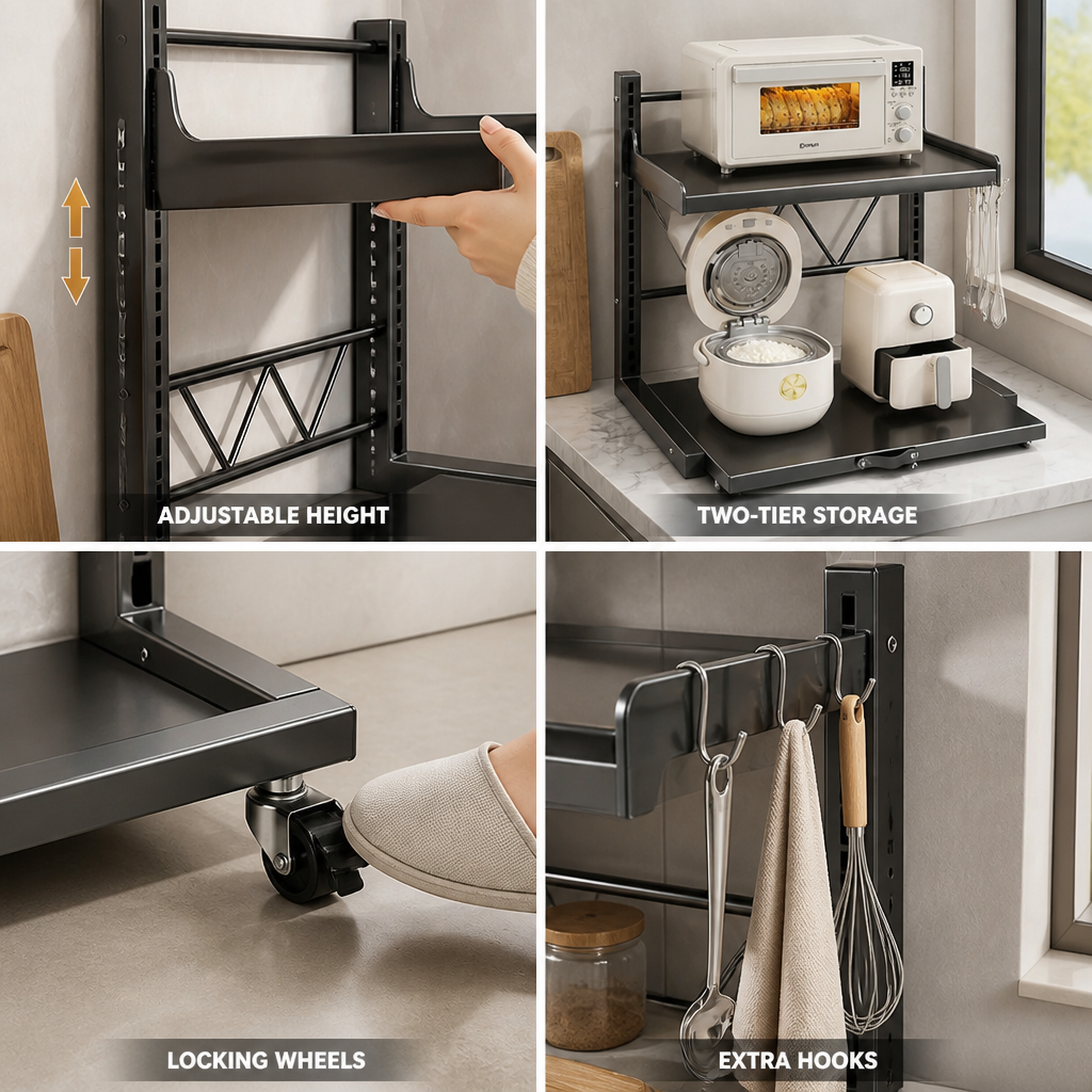 Countertop Kitchen Shelf Height-Adjustable Two-Tier Wheels & Brakes