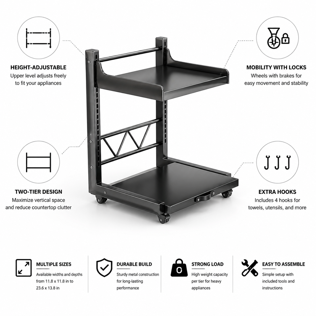 Countertop Kitchen Shelf Height-Adjustable Two-Tier Wheels & Brakes