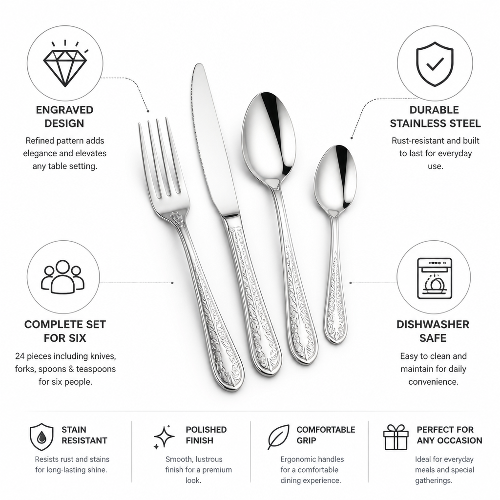 Cutlery Set 24-Piece Engraved Stainless Steel Dishwasher Safe