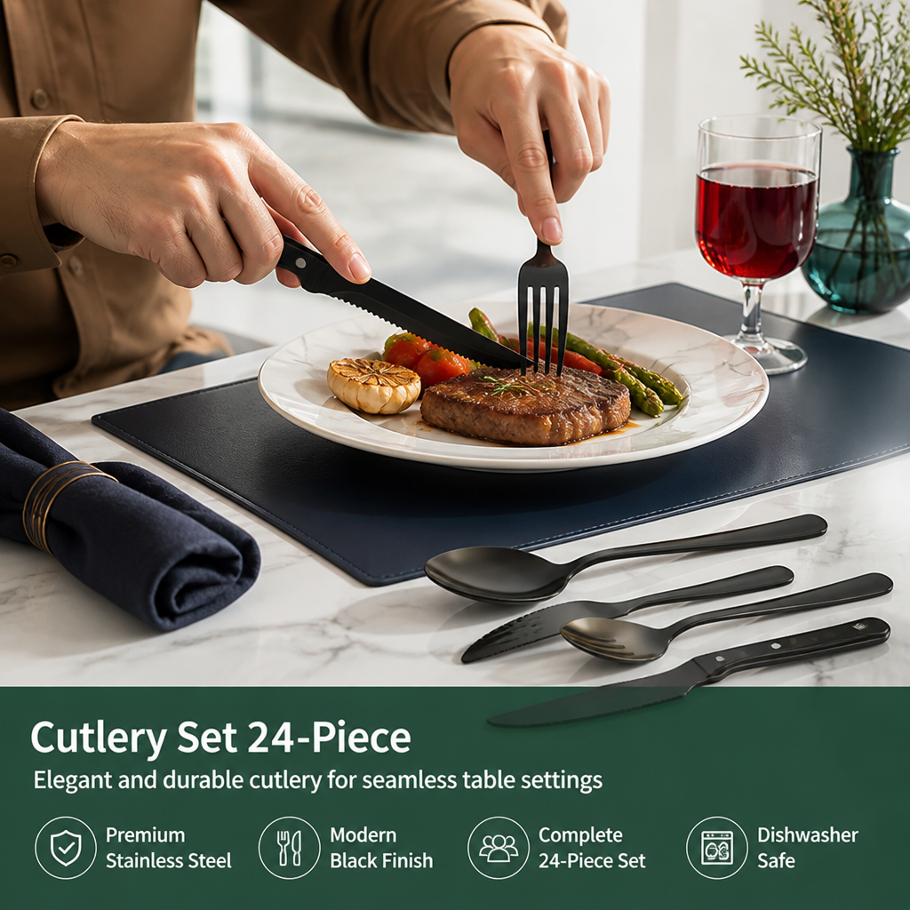 Cutlery Set 24-Piece Modern Black Stainless Steel Dishwasher Safe